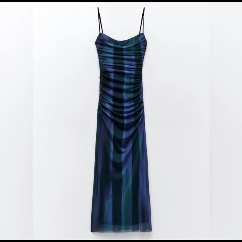 Elegant Blue and Green Ruched Dress large